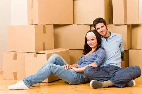 Boxes and furniture arranged for a domestic move