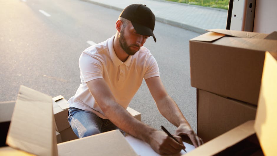 A man wearing a black cap, white polo shirt, and jeans is crouched outside near a partially open cardboard box, writing on a piece of paper with a black marker. Several other cardboard boxes are stacked nearby on the pavement, some sealed with packing tape and others open, revealing packing materials like plastic wrap and paper. Behind him, a vehicle with its door open suggests loading or unloading activities associated with home relocation or furniture transport. The scene is set in natural daylight, indicating daytime, with the man focused on organizing or preparing items for transfer, consistent with the packing and moving process carried out by Man with Van Bellingham. This setting exemplifies the logistical steps involved in house removals within the Lewisham area, emphasizing careful handling and documentation of possessions during a home move or furniture transport.