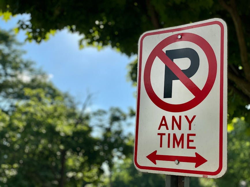 Close-up of a rectangular 'No Parking Any Time' sign with a red circle and diagonal line crossing out a black 'P' symbol, mounted on a metal post. The sign features bold red and black text, with arrows pointing left and right beneath the wording. In the background, blurred green trees and some blue sky are visible, indicating an outdoor urban environment. The scene is well-lit, with natural daylight highlighting the sign's details, which are relevant to parking restrictions that may affect house removals and furniture transport logistics, often managed by companies like Man with Van Bellingham during home relocation processes.