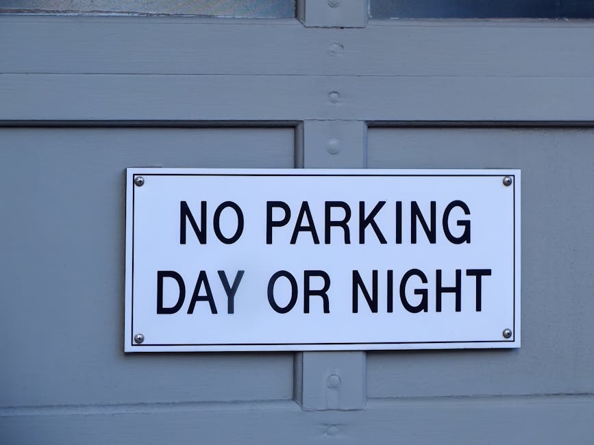 Close-up of a rectangular 'No Parking Any Time' sign with a red circle and diagonal line crossing out a black 'P' symbol, mounted on a metal post. The sign features bold red and black text, with arrows pointing left and right beneath the wording. In the background, blurred green trees and some blue sky are visible, indicating an outdoor urban environment. The scene is well-lit, with natural daylight highlighting the sign's details, which are relevant to parking restrictions that may affect house removals and furniture transport logistics, often managed by companies like Man with Van Bellingham during home relocation processes.